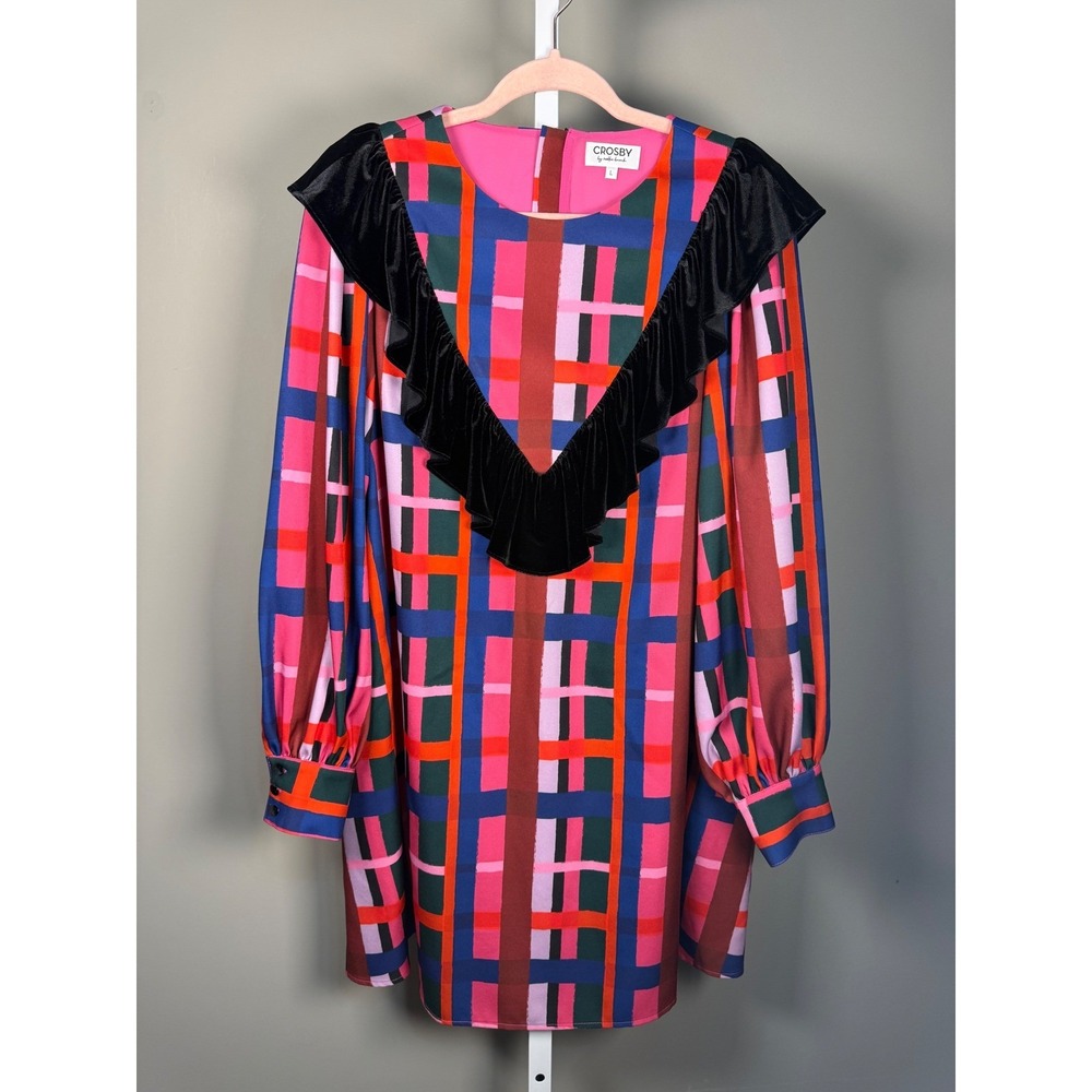 Crosby Mollie Burch Plaid Velvet Ruffle Mini Dress Balloon Sleeve L - Picture 2 of 9